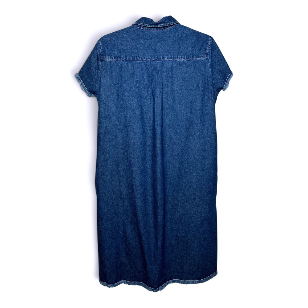 J. McLaughlin Jones Denim Shift Dress Blue Cotton Frayed Hem Short Sleeve Small - Picture 3 of 6